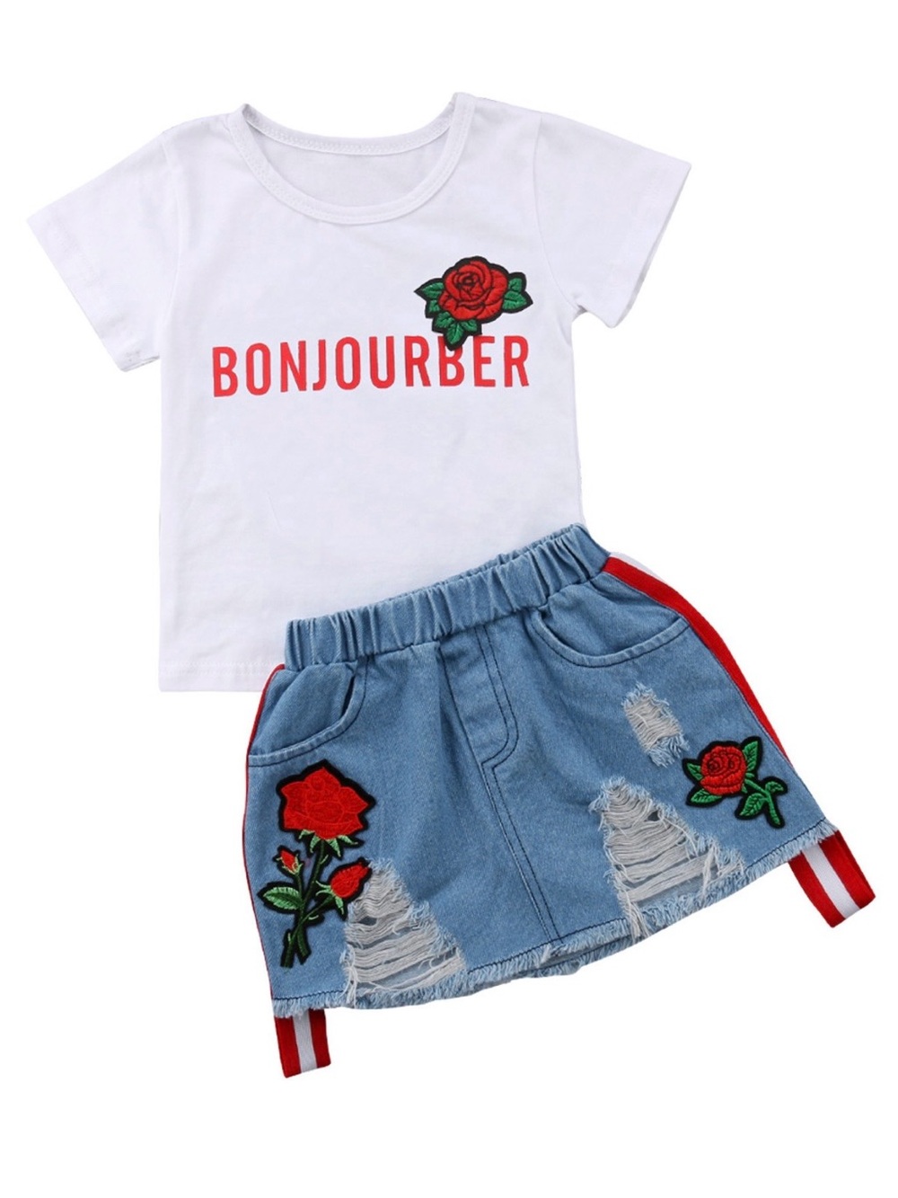 White Tee & Blue Denim Skirt Set with Red Rose Embroidery
